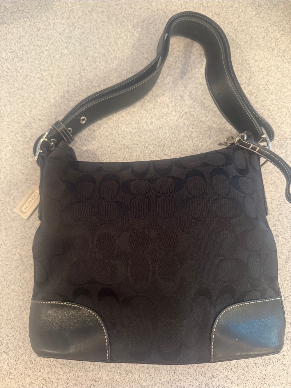 Coach Black Signature Canvas Hobo with Leather Trim